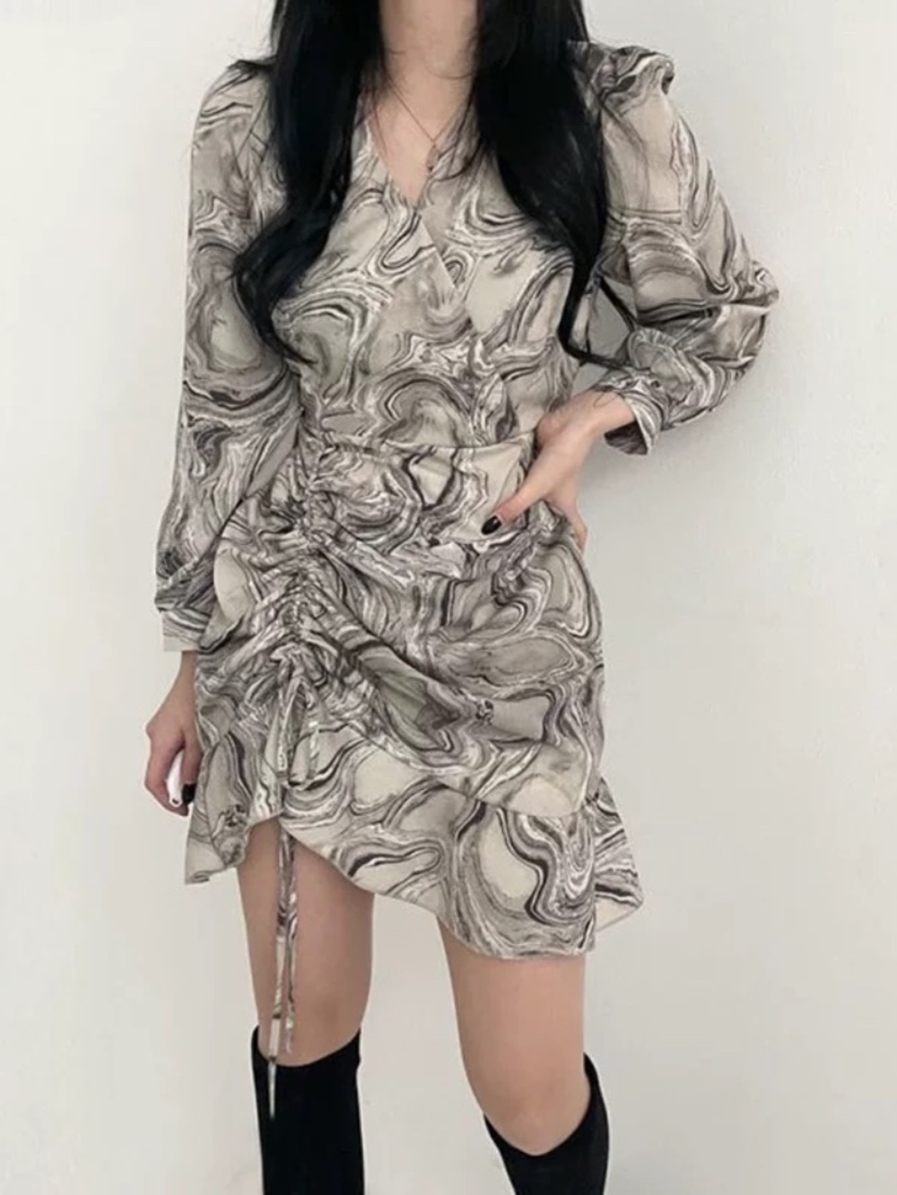 Marble Print Ruched Mini Dress Size S - Picture 2 of 4